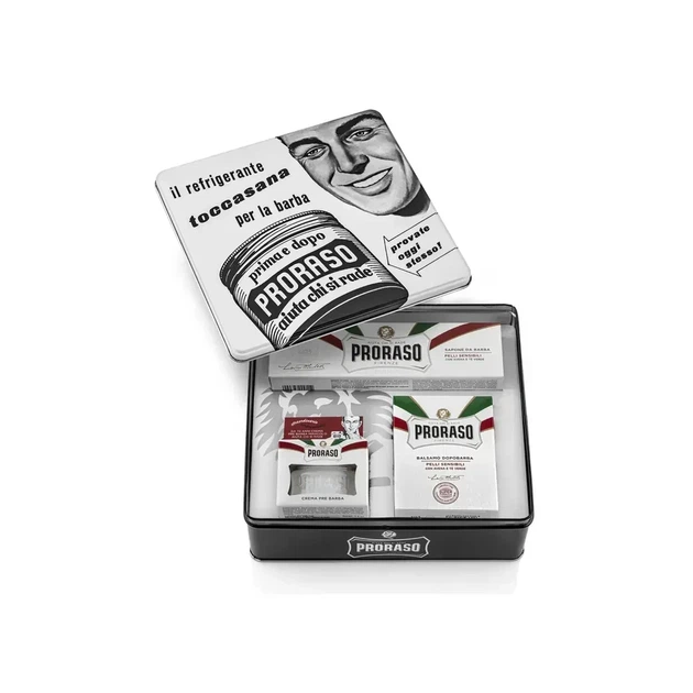 Подарочный набор для бритья Proraso Vintage Selection Toccasana Sensitive в винтажной металлической коробке с зеленым чаем и овсом - Фото 6 Подарочный набор для бритья Proraso Vintage Selection Toccasana Sensitive в винтажной металлической коробке с зеленым чаем и овсом - изображение 6