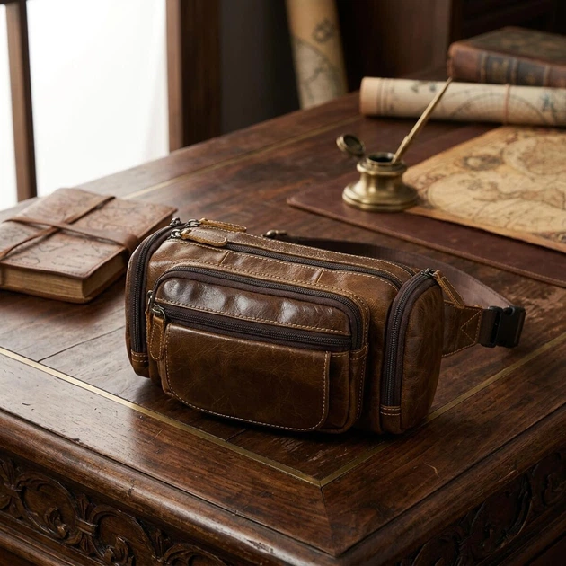 Сумка на пояс бананка мужская из натуральная кожи Vintage leather-14695 Коричневая - Фото 4 Сумка на пояс бананка мужская из натуральная кожи Vintage leather-14695 Коричневая - изображение 4