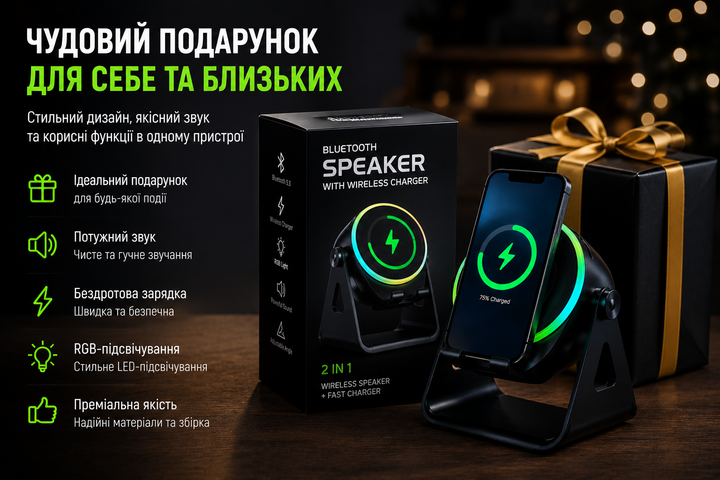 Бездротова Bluetooth колонка ZJ-08 з RGB-підсвіткою, бездротовою зарядкою 15W та підставкою для смартфона Black - Фото 3 Бездротова Bluetooth колонка ZJ-08 з RGB-підсвіткою, бездротовою зарядкою 15W та підставкою для смартфона Black - изображение 3