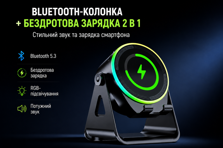 Бездротова Bluetooth колонка ZJ-08 з RGB-підсвіткою, бездротовою зарядкою 15W та підставкою для смартфона Black - Фото 4 Бездротова Bluetooth колонка ZJ-08 з RGB-підсвіткою, бездротовою зарядкою 15W та підставкою для смартфона Black - изображение 4
