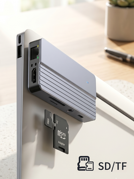 USB HUB 10в1 юсб хаб для ПК та ноутбука - перехідник розгалужувач концентратор для флешек TYPE-C | PD 3.0 | TF | SD | RJ45 | HDTV 4K - зображення 4