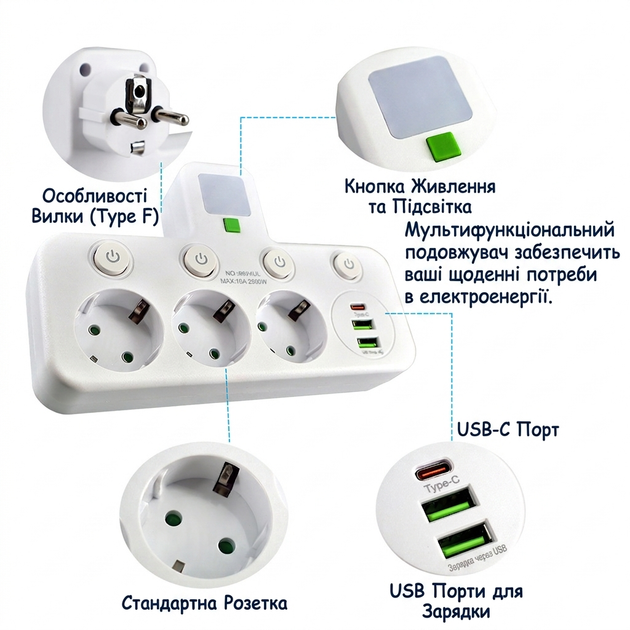 Сетевой разветвитель с ночником, 3 розетки, USB и Type-C, белый - Фото 4 Сетевой разветвитель с ночником, 3 розетки, USB и Type-C, белый - изображение 4