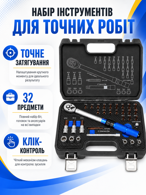 Набір інструментів 32 предмети з динамометричним ключем-тріскачкою 1/4" 1–25 Нм, торцевими головками, бітами та кейсом, чорний (49676111) - зображення 5