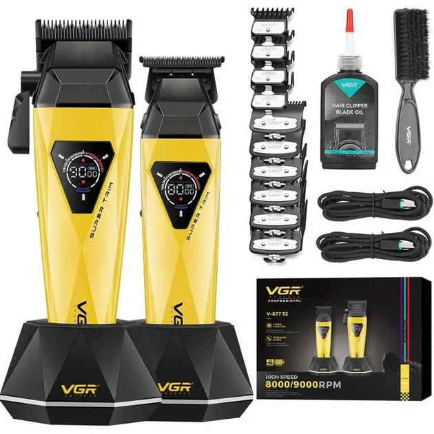 Набор машинок для стрижки VGR V-877S2 Gold/Green 2 в 1 с триммером, LCD-дисплеем, насадками и USB-C зарядкой - изображение 2