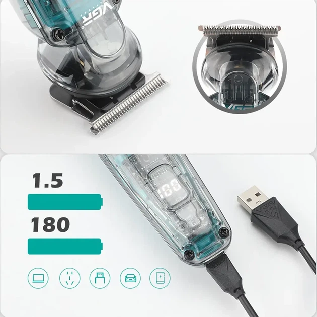 Беспроводная машинка для стрижки + 5 насадок, с USB, VGR V949, Синяя / Мужской триммер / Триммер для стрижки волос - изображение 7
