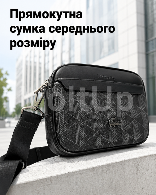 Мужская черная сумка Lacoste Monogram для ежедневной носки компактная через плечо с регулируемым ремнем - изображение 2