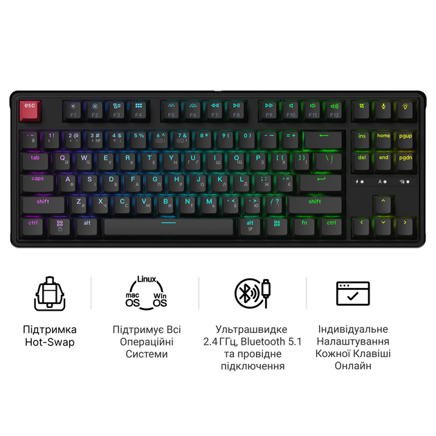 Клавіатура бездротова Keychron C3 Max Super Red Switch Black RGB (C3M-H1-UA) - изображение 5