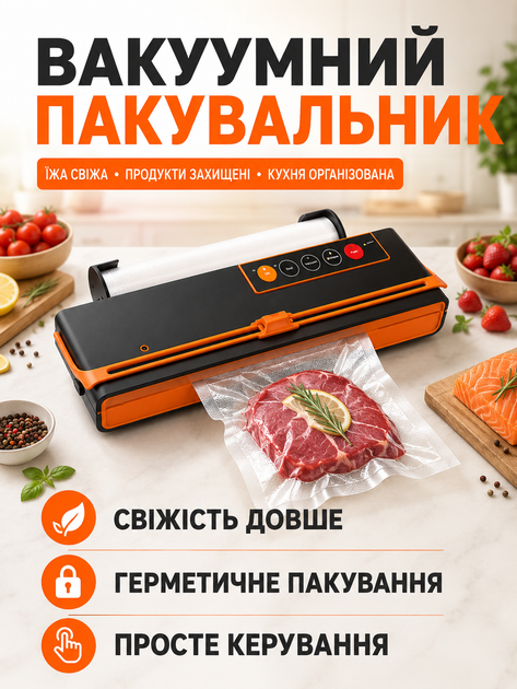 Вакуумный упаковщик для продуктов 150 Вт, бытовой вакууматор с функцией запайки пакетов для мяса, рыбы, овощей и заморозки, черного цвета с оранжевыми элементами (49676107) - изображение 2