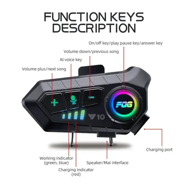 RGB Мотогарнитура для шлема Y10 Bluetooth 5.3 Водонепроницаемая беспроводная интерком-гарнитура с интеллектуальным шумоподавлением - Фото 5 RGB Мотогарнитура для шлема Y10 Bluetooth 5.3 Водонепроницаемая беспроводная интерком-гарнитура с интеллектуальным шумоподавлением - изображение 5