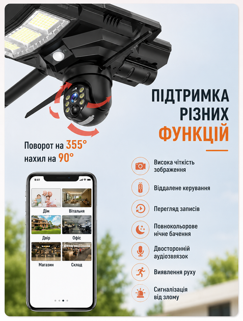 Ліхтар вуличний з камерою відеоспостереження 4G сонячна зарядка датчик руху з камерою нічне бачення IP66 бездротовий автономний для дому дачі охорони 450W - зображення 3