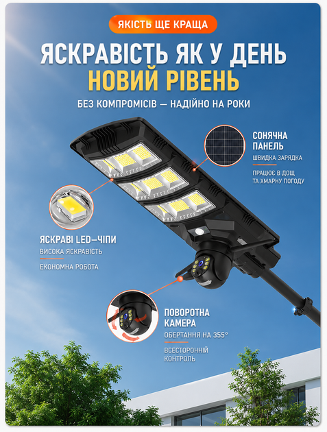 Ліхтар вуличний з камерою відеоспостереження 4G сонячна зарядка датчик руху з камерою нічне бачення IP66 бездротовий автономний для дому дачі охорони 450W - зображення 4