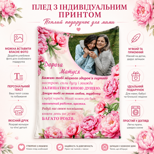 Плед плюшевий велюровий для мами з фото та власним текстом 135×160 см - зображення 2