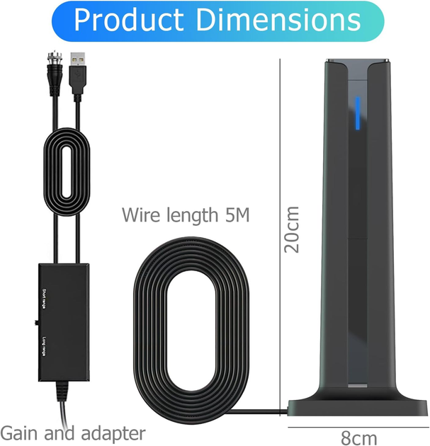 Цифровая комнатная антенна для Smart TV HDTV Amplified с усилителем сигнала 25dBi, кабель 5м, радиус 700+ км, Black - Фото 4 Цифровая комнатная антенна для Smart TV HDTV Amplified с усилителем сигнала 25dBi, кабель 5м, радиус 700+ км, Black - изображение 4