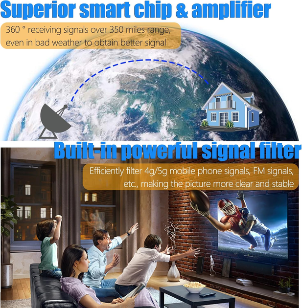 Цифровая комнатная антенна Merrian 4K HD TV с усилителем сигнала, радиус приема 360 градусов, коаксиальный кабель 5м, Black - изображение 5