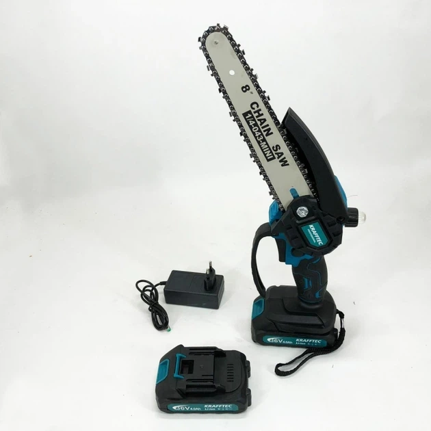 Аккумуляторная мини цепная пила Krafftec 36V 4Ah с двумя аккумуляторами бесщеточным двигателем двумя шинами 15 см тремя цепями автоматической смазкой - изображение 2