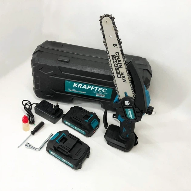 Аккумуляторная мини цепная пила Krafftec 36V 4Ah с двумя аккумуляторами бесщеточным двигателем двумя шинами 15 см тремя цепями автоматической смазкой - изображение 3