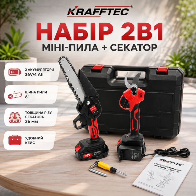 Набор аккумуляторного инструмента 2 в 1 Krafftec 4 Ah (Аккумуляторная пила + Секатор садовый) Мини цепная пила (Секаторы для сада) - Фото 1 Набор аккумуляторного инструмента 2 в 1 Krafftec 4 Ah (Аккумуляторная пила + Секатор садовый) Мини цепная пила (Секаторы для сада) - изображение 1