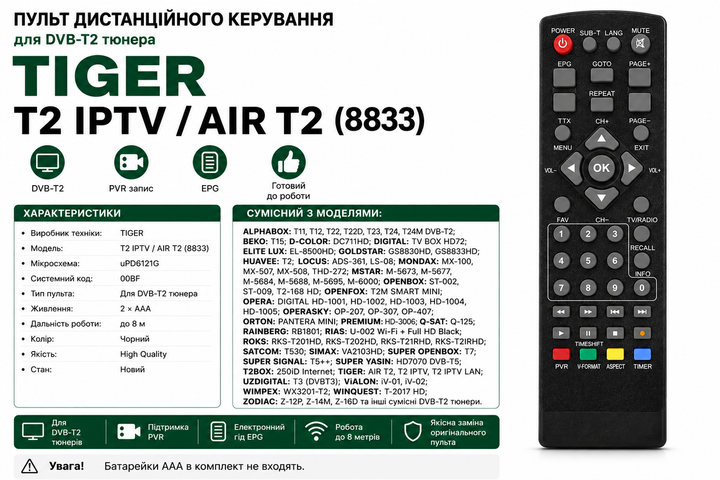 Пульт дистанційного керування для DVB-Т2 тюнера TIGER T2 IPTV, TIGER AIR T2, T2 IPTV LAN (8833) - изображение 2