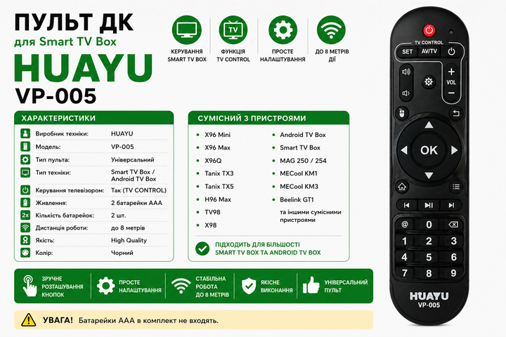 Пульт дистанційного керування HUAYU VP-005 для Smart TV Box та Android TV Box - изображение 2