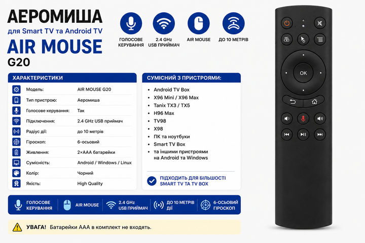 Пульт аеромиша AIR MOUSE G20 2,4G з функцією керування голосом, чорний - изображение 2