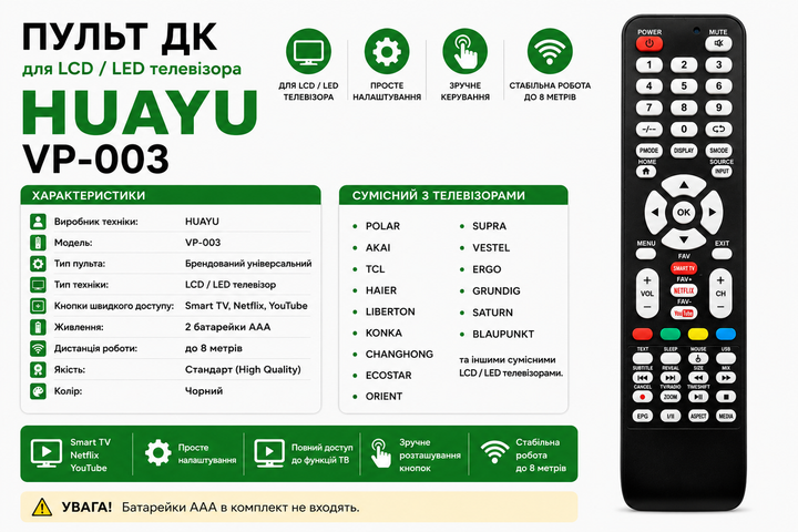 Універсальний пульт дистанційного керування HUAYU VP-003 для LCD / LED телевізорів - изображение 2