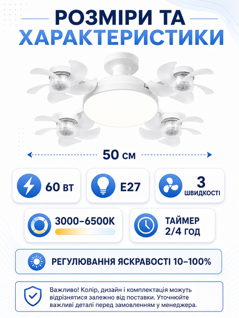 Потолочная LED люстра-вентилятор 60 Вт E27 50 см с пультом таймером и регулировкой света белая (49676074) - изображение 3
