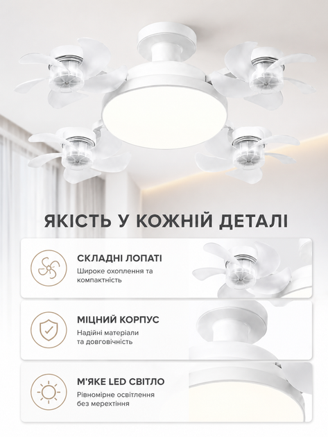 Потолочная LED люстра-вентилятор 60 Вт E27 50 см с пультом таймером и регулировкой света белая (49676074) - изображение 6