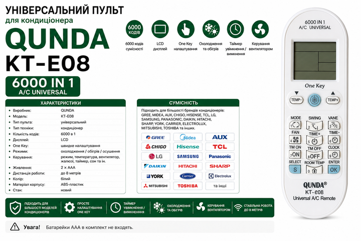 Пульт дистанційного керування (ДК) універсальний для кондиціонерів QUNDA KT-e08 (6000 кодів) - изображение 2