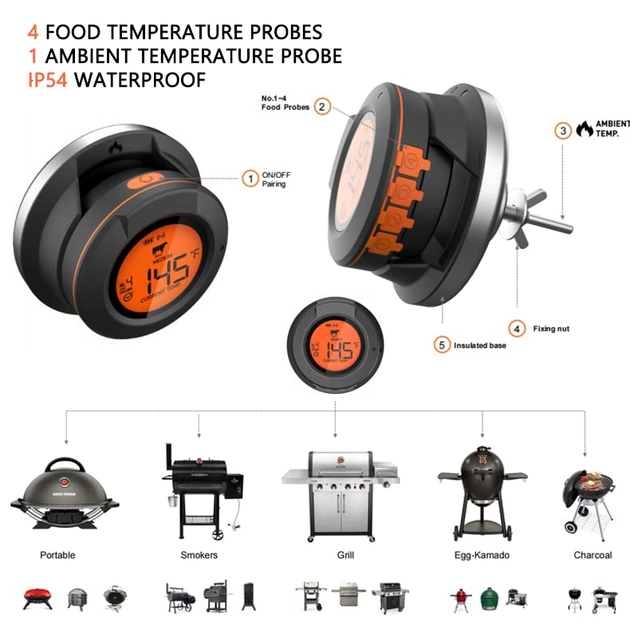 Беспроводной Bluetooth термометр для гриля и мяса Kamado BONO (GRILLI 555501) с LCD-экраном и 2 щупами - Фото 3 Беспроводной Bluetooth термометр для гриля и мяса Kamado BONO (GRILLI 555501) с LCD-экраном и 2 щупами - изображение 3