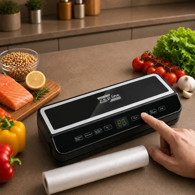 Вакууматор 35 см з рулоном пакетів LED 200Вт ZP-00374 Чорний / Вакуумний упаковник з різаком для сухих та вологих продуктів - Фото 6 Вакууматор 35 см з рулоном пакетів LED 200Вт ZP-00374 Чорний / Вакуумний упаковник з різаком для сухих та вологих продуктів - изображение 6