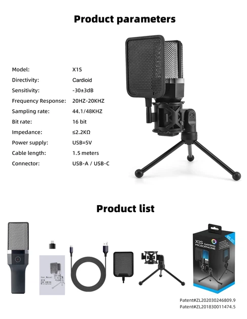 USB конденсаторний мікрофон X1S з RGB-підсвіткою та шумозаглушенням (788963) - изображение 8