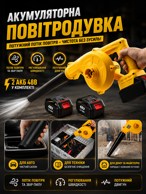 Аккумуляторная воздуходувка-пылесос 2 в 1 для сада с мешком для листьев 2 аккумулятора 48 В 2500 мАч до 98 м/с - изображение 2