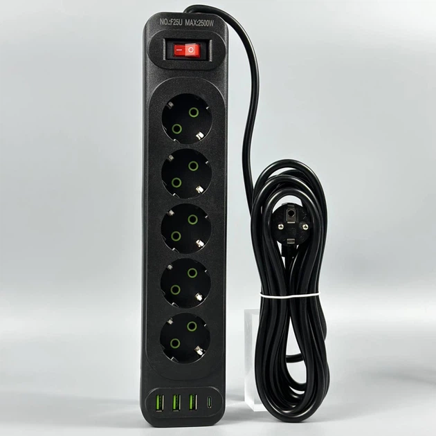 Сетевой удлинитель 2м на 5 розеток + 3USB + Type-C UA Power F25U сетевой фильтр с USB 63258 - изображение 2