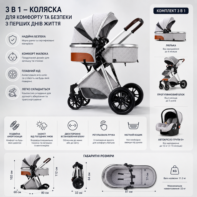 Универсальная детская коляска 3в1 светло-серая - Фото 4 Универсальная детская коляска 3в1 светло-серая - изображение 4