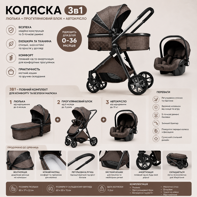 Універсальна дитяча коляска 3в1 темно-сірий - зображення 3