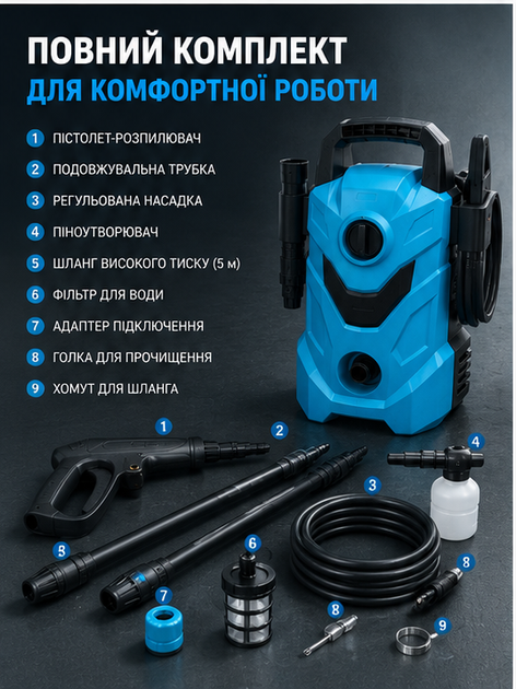 Мини мойка высокого давления 2000 Вт для авто и дома с давлением 90–135 бар, держателем шланга, пеногенератором и ручкой - изображение 3