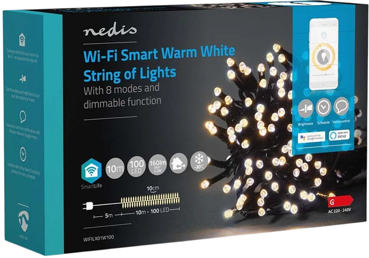 Новорічна гірлянда Nedis SmartLife Warm White Wi-Fi WIFILX01W100 10 м (5412810404193) - Фото 3 Новорічна гірлянда Nedis SmartLife Warm White Wi-Fi WIFILX01W100 10 м (5412810404193) - зображення 3