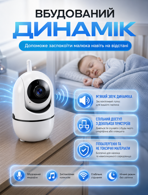 Цифровая видеоняня WiFi с камерой видеонаблюдения и двусторонней связью, ночным видением и датчиком движения, управление со смартфонов - изображение 4