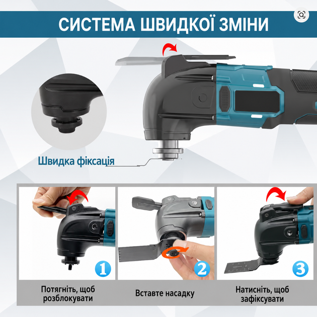 Аккумуляторный осциллирующий инструмент / Мультиинструмент для резки дерева, гвоздей, скребка, шлифовка / Многофункциональный инструмент реноватор на аккумуляторе - изображение 9