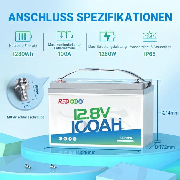 Акумулятор Redodo LiFePO4 12.8В 140Аг H190 Bluetooth 1920 В/год - изображение 6
