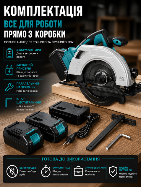 Акумуляторна циркулярна пила ручна дискова для монтажу та ремонту з безщітковим двигуном 2000 Вт 125 мм і 2 акумуляторами - зображення 3