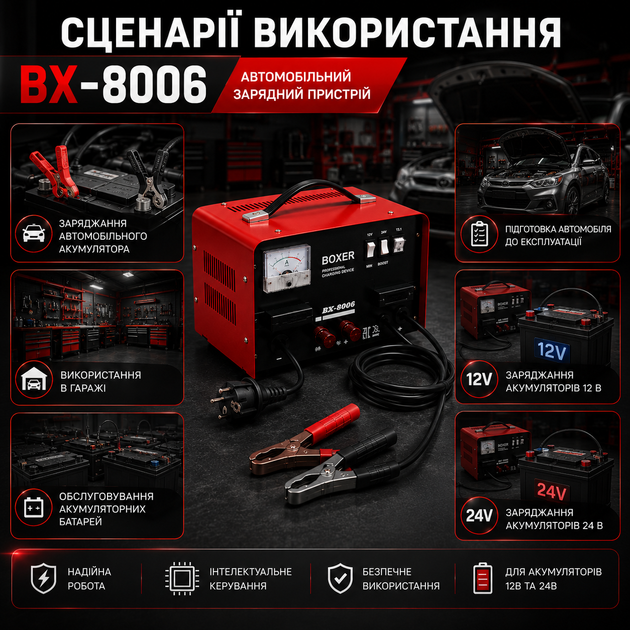 Автомобильное зарядное устройство BX-8006 CB-30 12/24 В 18 А для аккумулятора 20–120 Ач, автоматическая зарядка АКБ с электронным дисплеем, регулировкой тока и защитой от перегрузки - изображение 8