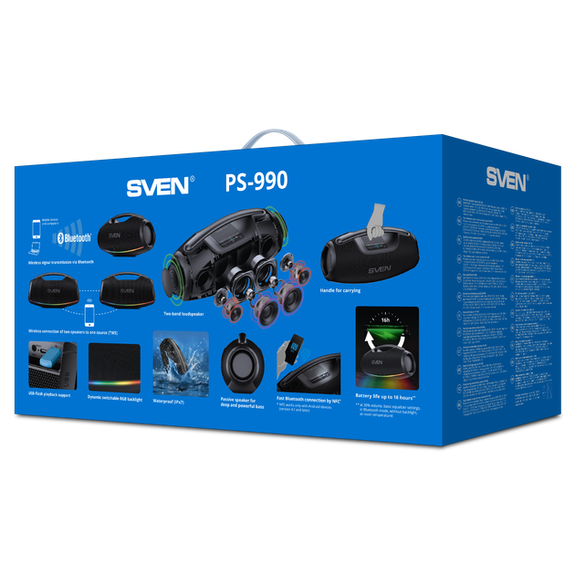 Портативна Bluetooth-колонка SVEN PS-990 180 Вт IPX7 з RGB-підсвічуванням чорна - зображення 14