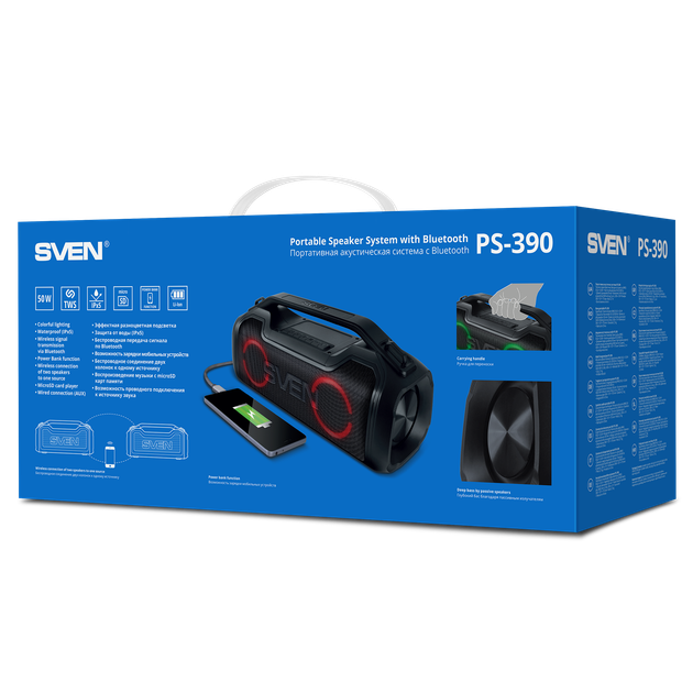 Портативная Bluetooth-колонка SVEN PS-390 50 Вт IPX5 с RGB-подсветкой черная - изображение 11