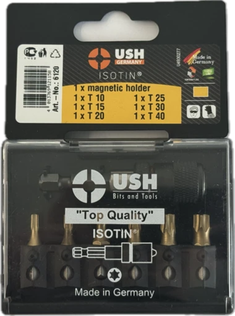 Набор бит USH Isotin 1/4" T10 T15 T20 T25 T30 T40 с магнитным держателем 7 предметов U0006120 - Фото 1 Набор бит USH Isotin 1/4" T10 T15 T20 T25 T30 T40 с магнитным держателем 7 предметов U0006120 - зображення 1