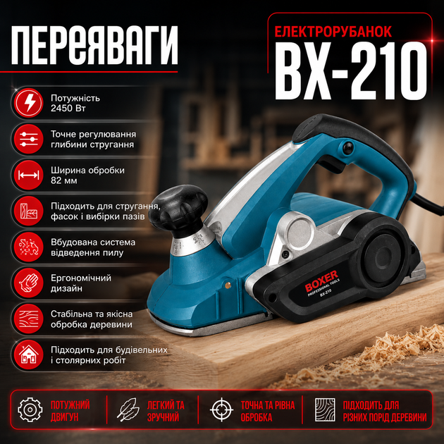 Электрорубанок Boxer BX-210 2450 Вт 82 мм для строгания древесины, профессиональный деревообрабатывающий инструмент с регулировкой глубины реза, вырезанием пазов и снятие фасок - изображение 3
