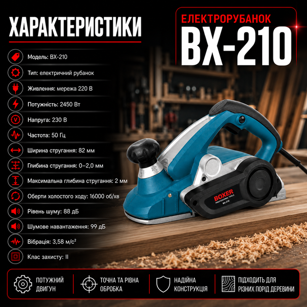 Электрорубанок Boxer BX-210 2450 Вт 82 мм для строгания древесины, профессиональный деревообрабатывающий инструмент с регулировкой глубины реза, вырезанием пазов и снятие фасок - изображение 5