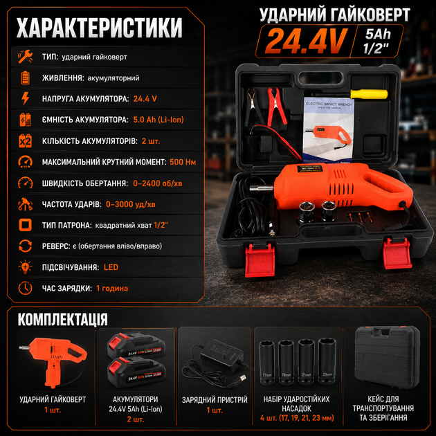 Ударный гайковерт Boxer 24,4 В, 5 А·ч с 2 аккумуляторами, 500 Н·м, 1/2", беспроводной аккумуляторный ключ для откручивания гаек, снятия колес, установки креплений и ремонта автомобилей - изображение 5