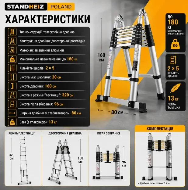 Лестница телескопическая StandHeiz Poland, алюминий, до 180 кг 1.6×1.6 (3.2 м) - изображение 4