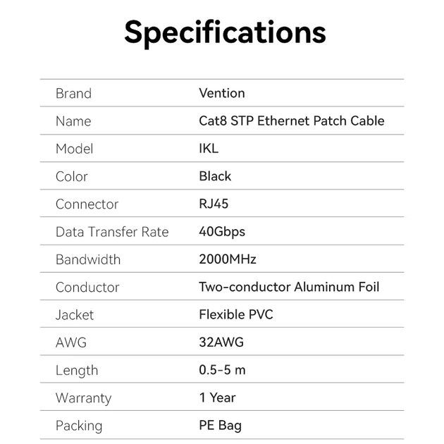 Патч-корд Vention CAT8 SSTP Ethernet, 0.5 м Black, rj-45 - rj-45, 8 жил, 360°, обертовий (IKLBD) - изображение 8